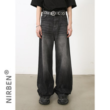 nirben牛仔|新品韩版宽松直筒牛仔裤男美式复古破洞潮男阔腿裤