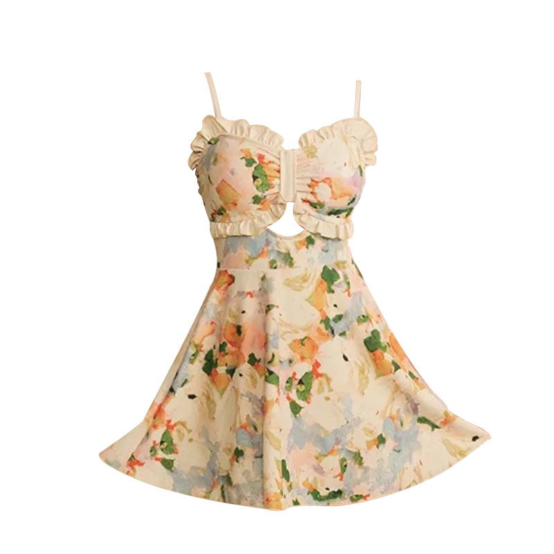 Trajes de baño divididos de mujer temperamento francés vestido de té de flores cortas de verano de manga larga protección solar trajes de baño de vacaciones mujeres