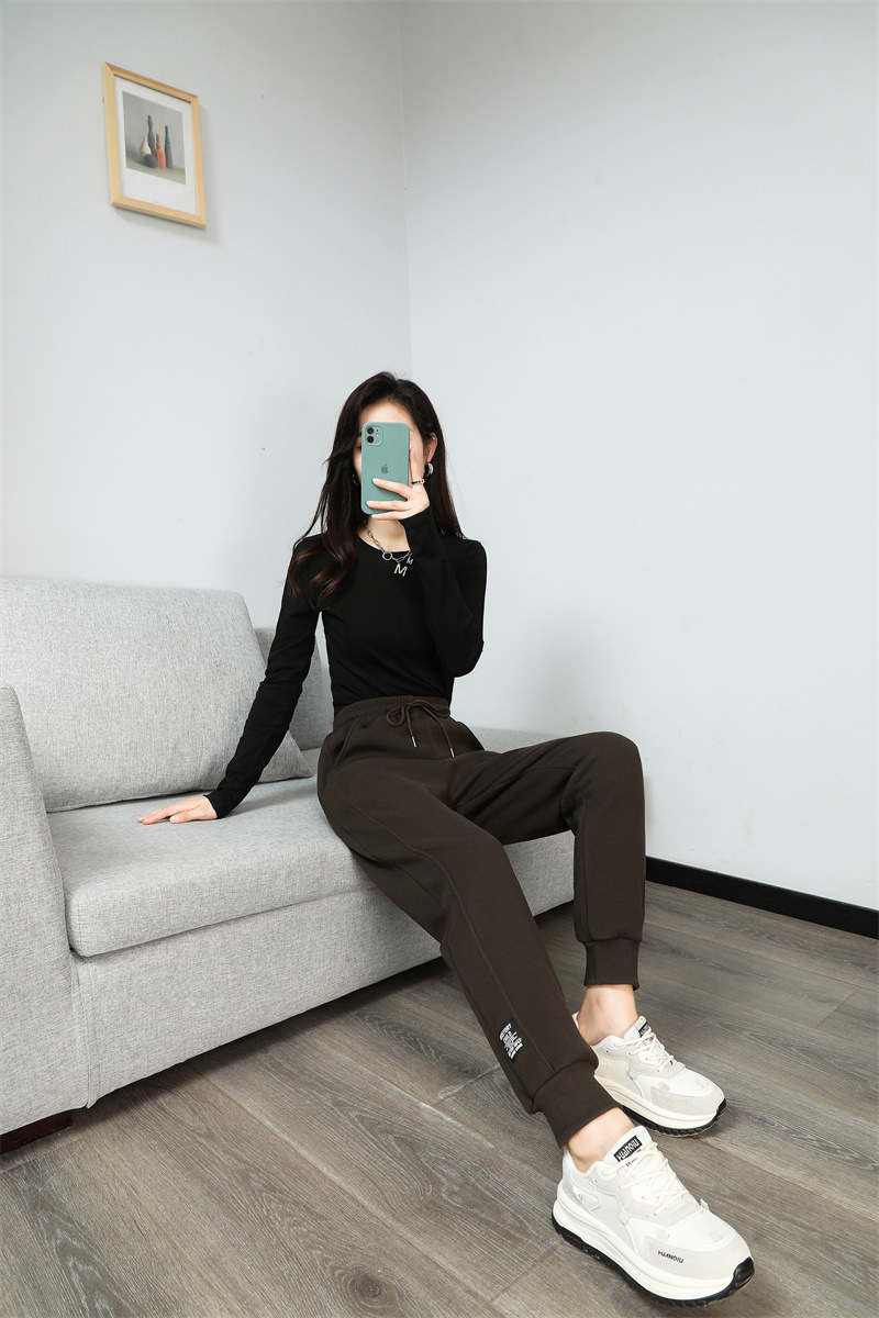 法米姿 羊羔绒运动加绒裤女新款加厚卫裤高腰显瘦束脚休闲裤哈伦