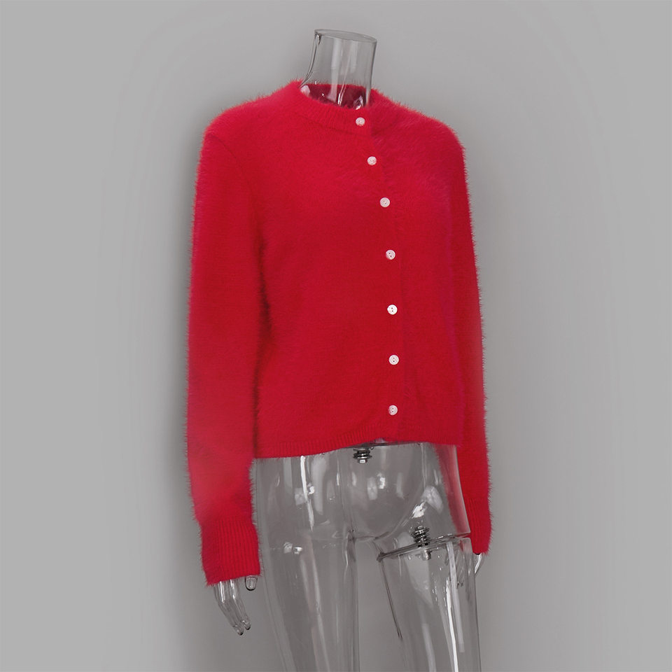 Áo khoác cardigan len nữ dáng ôm cổ tròn tay dài một hàng cúc chất liệu lông mềm mại — Màu hồng, Màu trắng, Màu xám nhạt, Xanh đậm chi tiết 63
