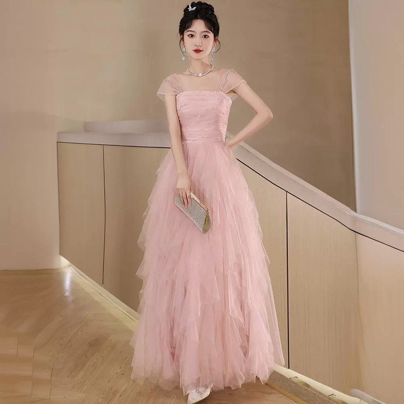 Evening Dress for Women, Banquet, Light Luxury, Niche Pink Host Student Graduation Dress, Fairy Style Birthday Dress
