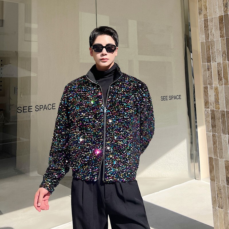 Trendy colorful flash sequined short stand collar profile jacket men's glossy sequined sweater coat stage concert