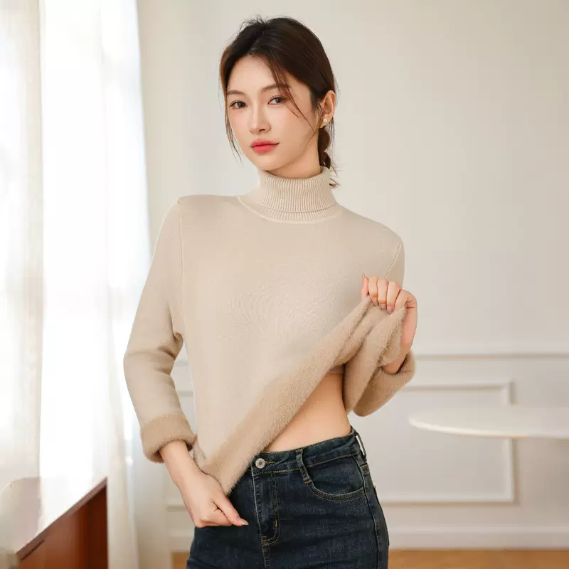 秋冬加绒加厚一体绒纯色高领保暖内搭莫代尔宽松休闲针织打底衫女