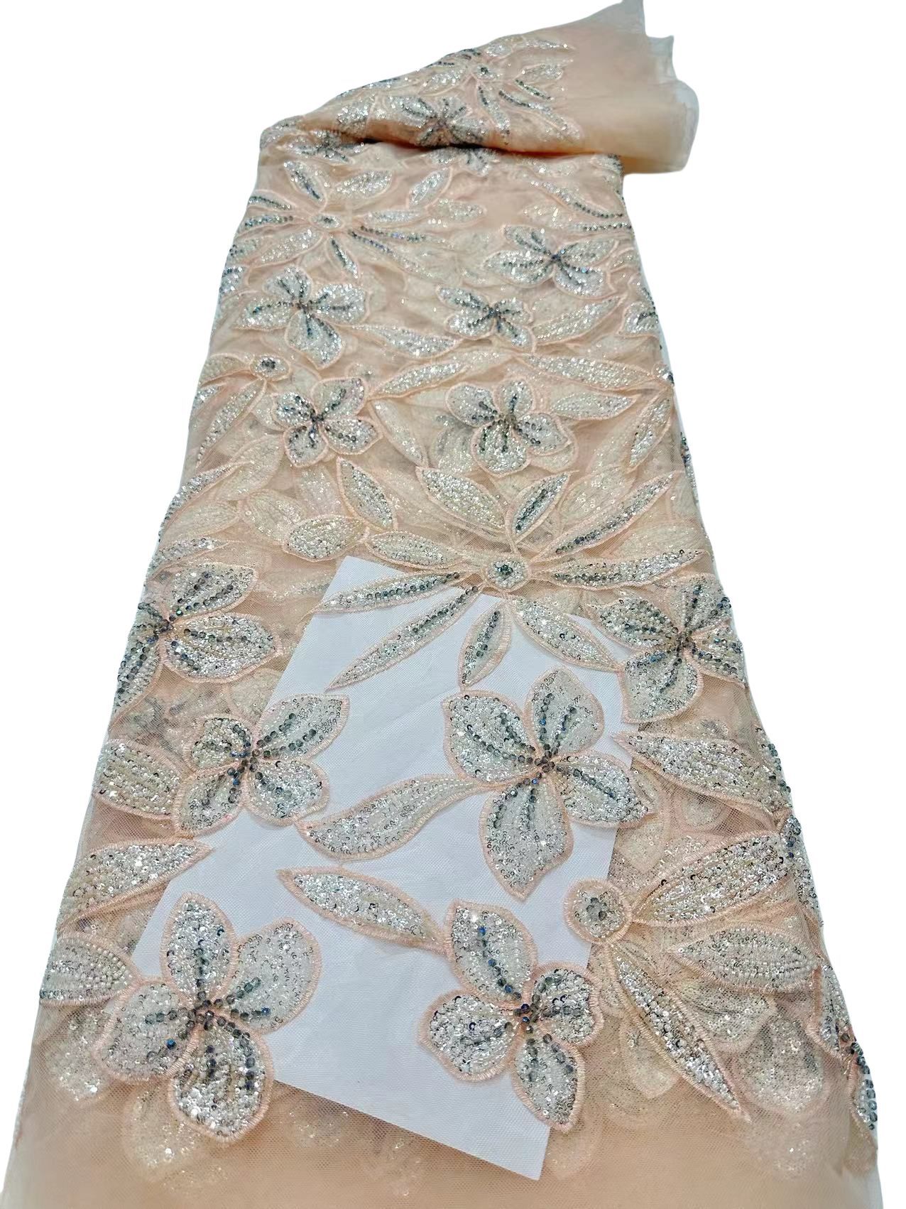 Flores de hojas bordadas de encaje bordado tela de alto lujo vestido de boda vestido de tela en stock