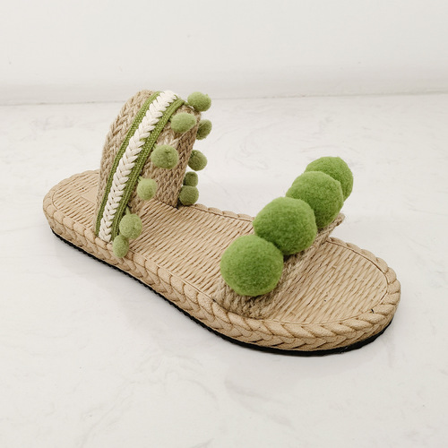 Fur ball tassel bohemian ethnic style new style flat sandals for summer wear on the beach and seaside