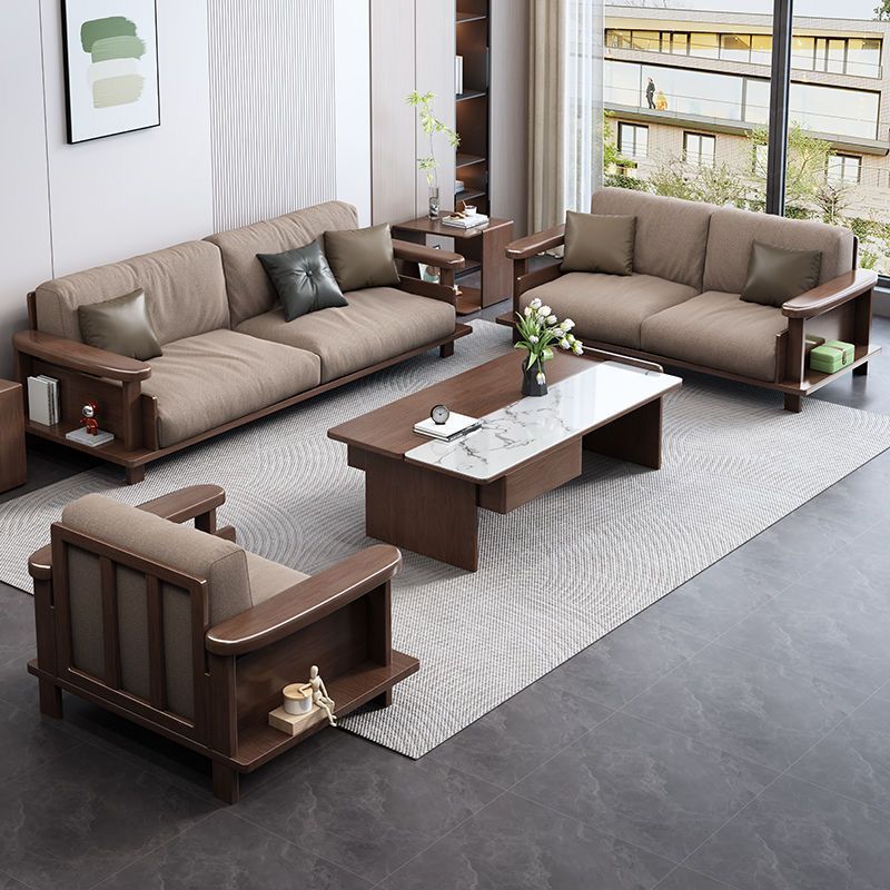 Chinese-style walnut wood solid wood sofa set for living room, suitable for both winter and summer, compact with storage, simple and modern high-box design
