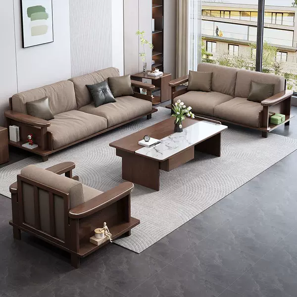 Chinese-style walnut wood solid wood sofa set for living room, suitable for both winter and summer, compact with storage, simple and modern high-box design