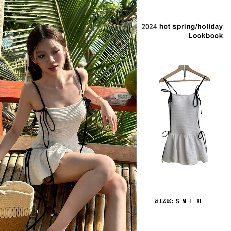 Source factory white pure want suspenders gathered triangle bottoms with skirt conservative tight slim one-piece swimsuit