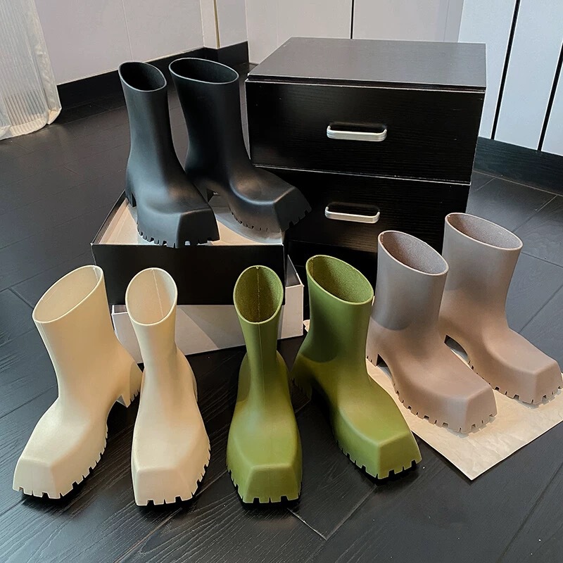 Paris Rain Boots New Cyber Celebrity Square Toe High Boots Thick Bottom Fashion Rain Boots Women's Thick Heel Waterproof Non-slip Water Shoes