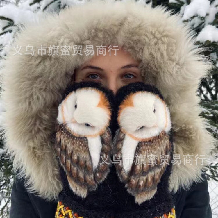 女士冬季猫头鹰仿羊绒手套可爱韩版加绒加厚保暖毛绒手套跨境热销