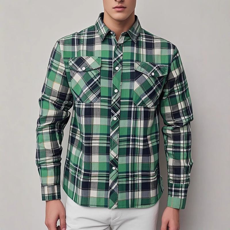 Classic Plaid Amazon Explosions Men's Personalized Long-Sleeved Lassel Shirt Street Hip-Hop Style Casual Jacket for Men