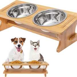 家用木质狗狗喂食架宠物餐桌竹制可调节猫咪碗架木质宠物食盆架