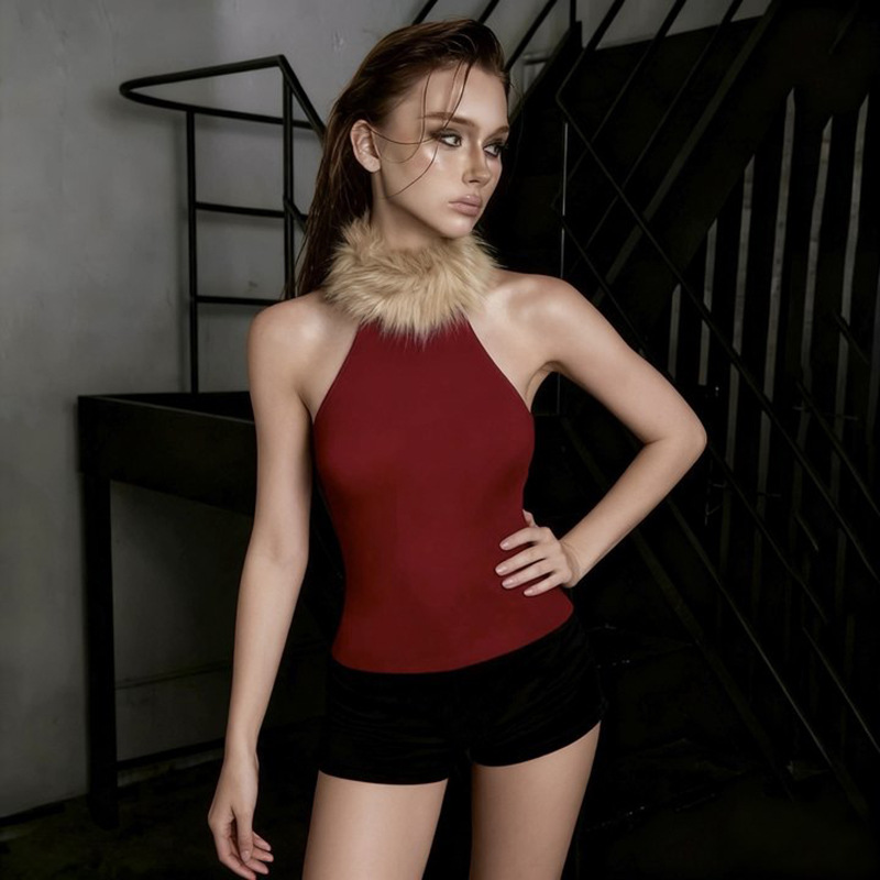 2025欧美秋季跨境新款拼接毛领无袖修身收腰时尚潮流百搭气质上衣