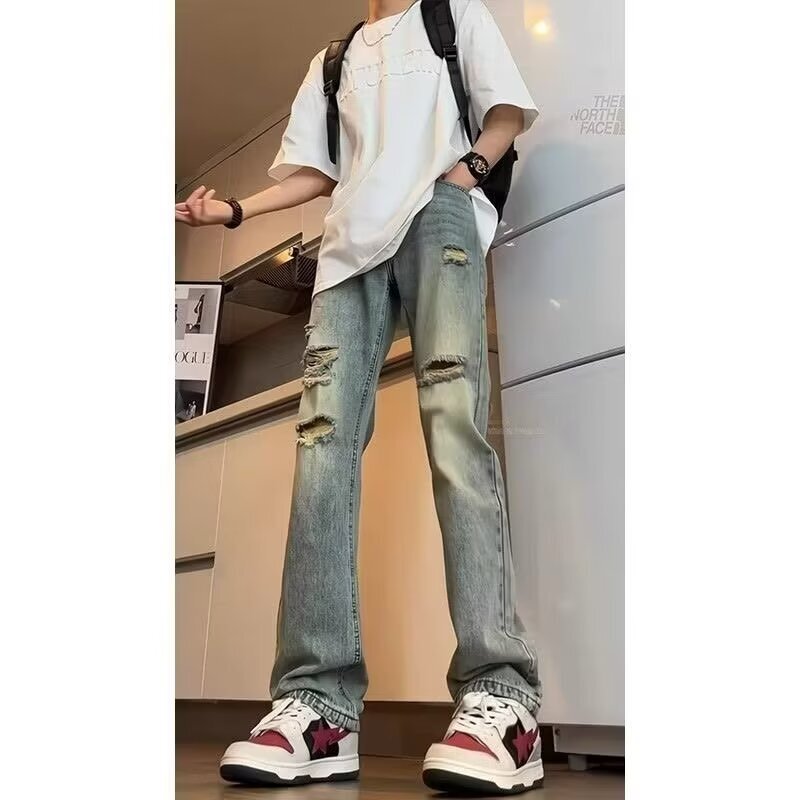 2026 Foreign Trade Ripped Straight-Leg Soft Jeans for Men, High-Waisted, Slimming, American Retro Style, Tall Men's Jeans