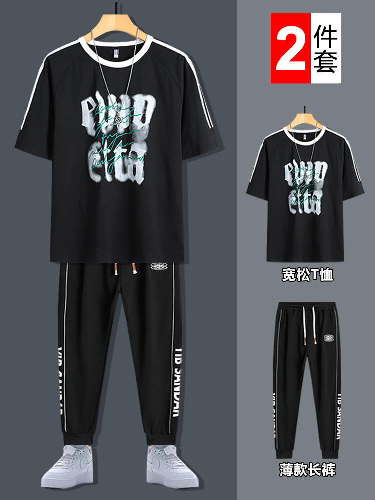 Hombres de manga corta moda adolescente de verano guapo impresión de cuello redondo camiseta relajada juego de deportes casuales de dos piezas
