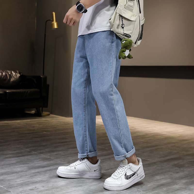 Elastic waist blue jeans men's fashion brand spring and autumn cropped pants youth students loose straight casual pants