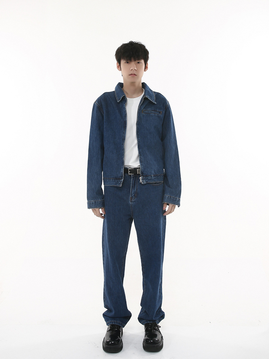 MTLClothes ropa de Hombre | 2023 otoño nueva recta suelta color sólido cremallera corta abrigo Denim traje