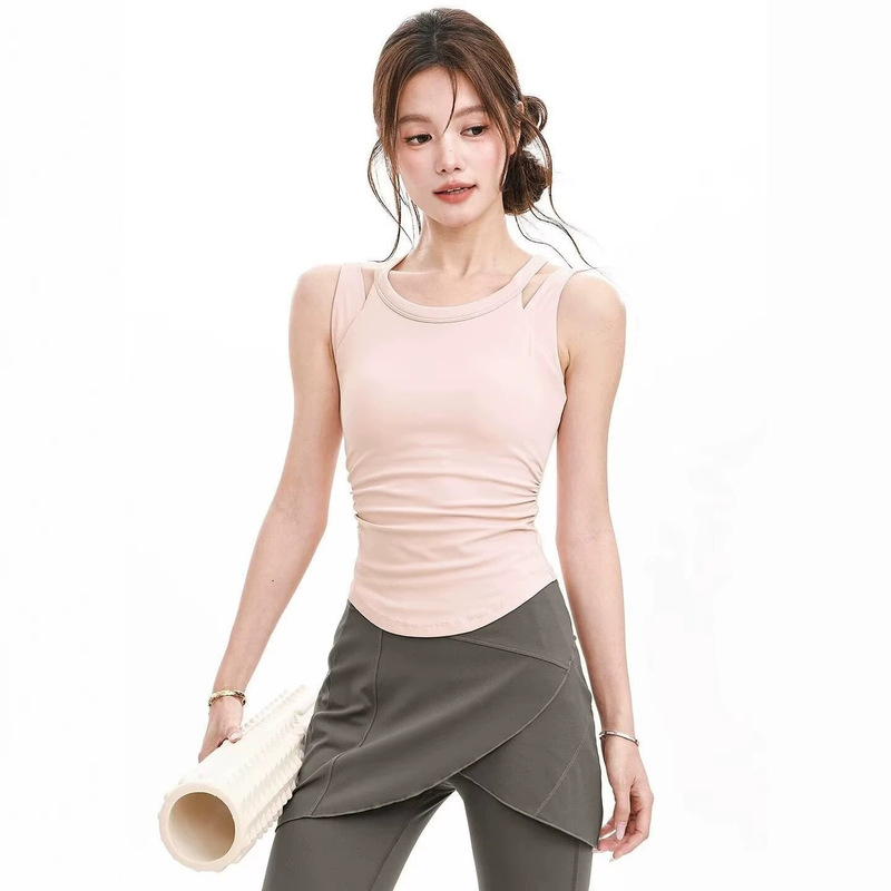 Summer women's yoga tank top with fixed chest pads, slimming, pleated, versatile, quick-drying, trendy fitness sportswear