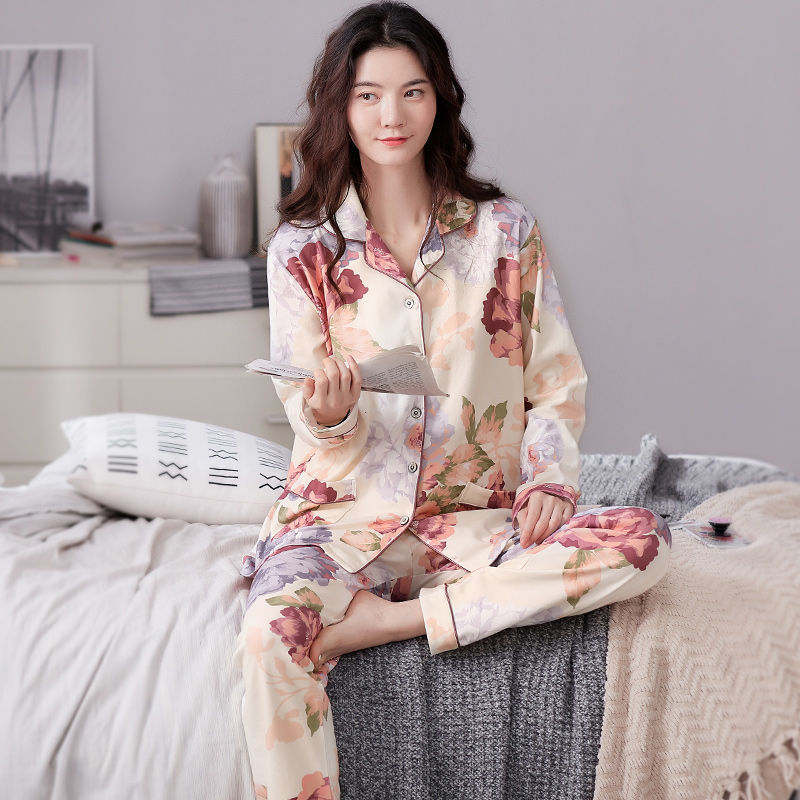 Más tamaño % Pijama de algodón traje de invierno de manga larga de primavera y otoño de las mujeres de mediana edad homewear se puede usar fuera