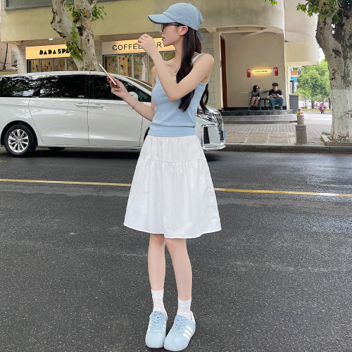 Women's Summer New College Style Loose Solid Color A-Line Five-Foot Skirt with High-Waist Splicing and Versatile Design