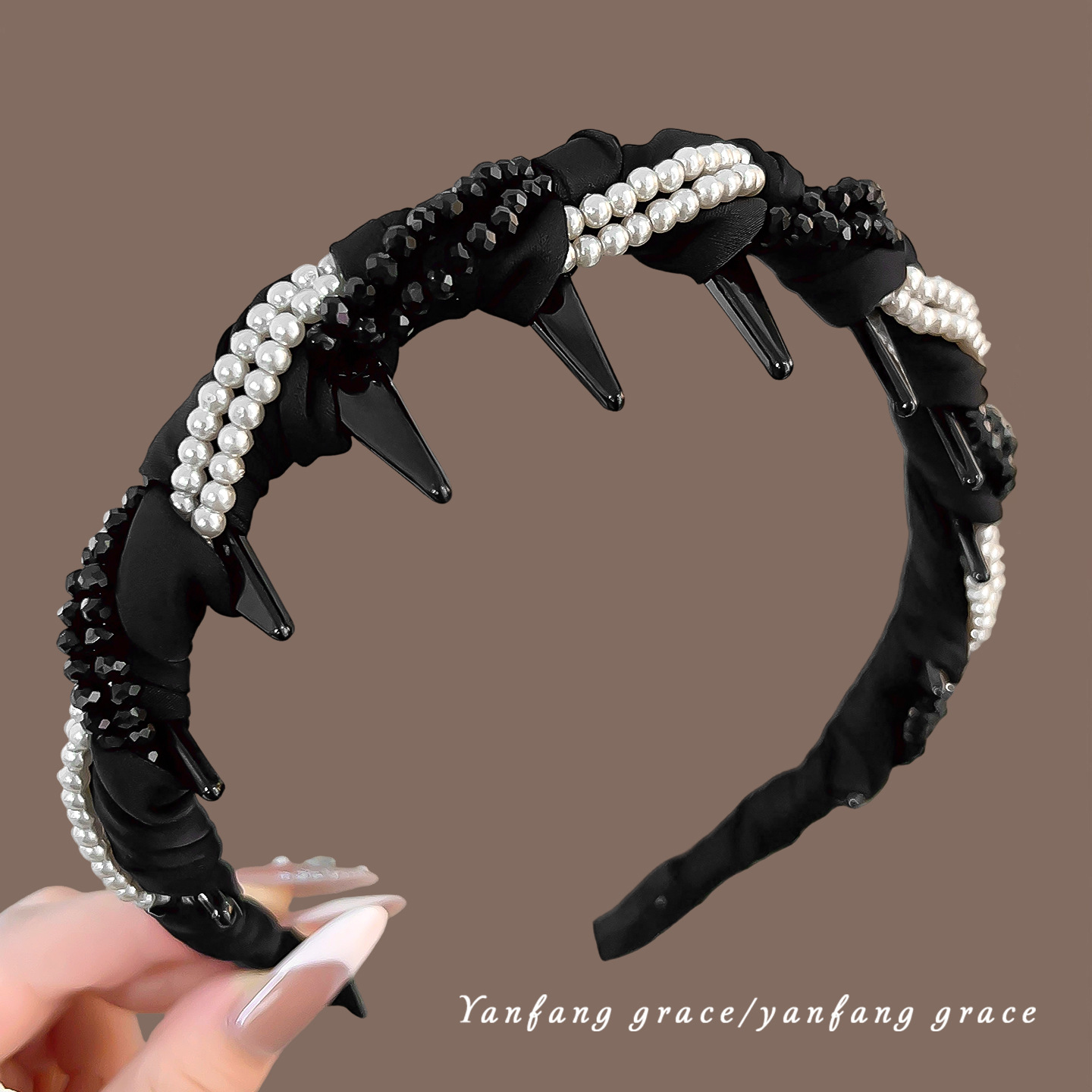 Black satin double row pearl and diamond headband