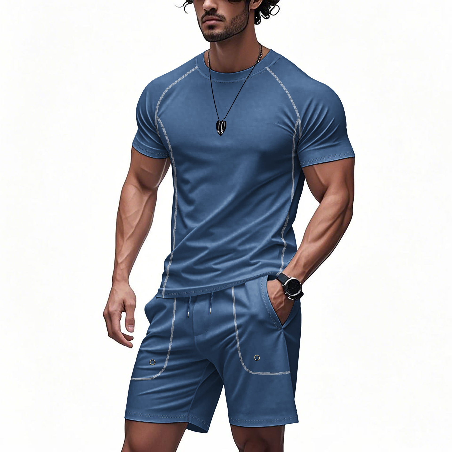 Transfronterizos europeos y estadounidenses TK verano hombre deportivo casual simple estilo americano de hombro pantalones cortos de mangas cortas de dos piezas
