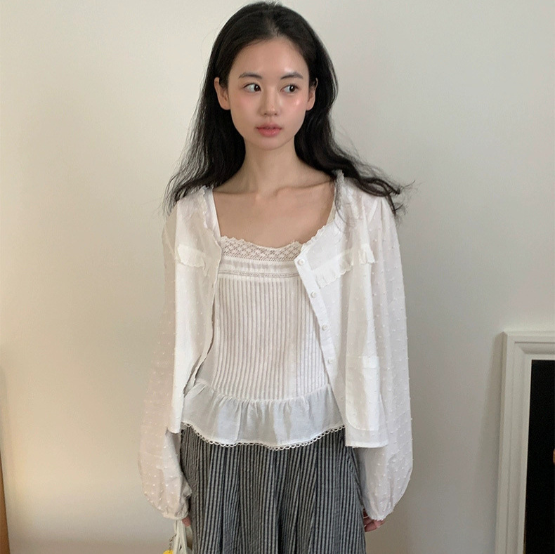 No Returns or Exchanges. 2025 Summer New Korean Style Solid Color Slimming Three-Dimensional Small Dot Lace Long-Sleeve Shirt Top for Layering