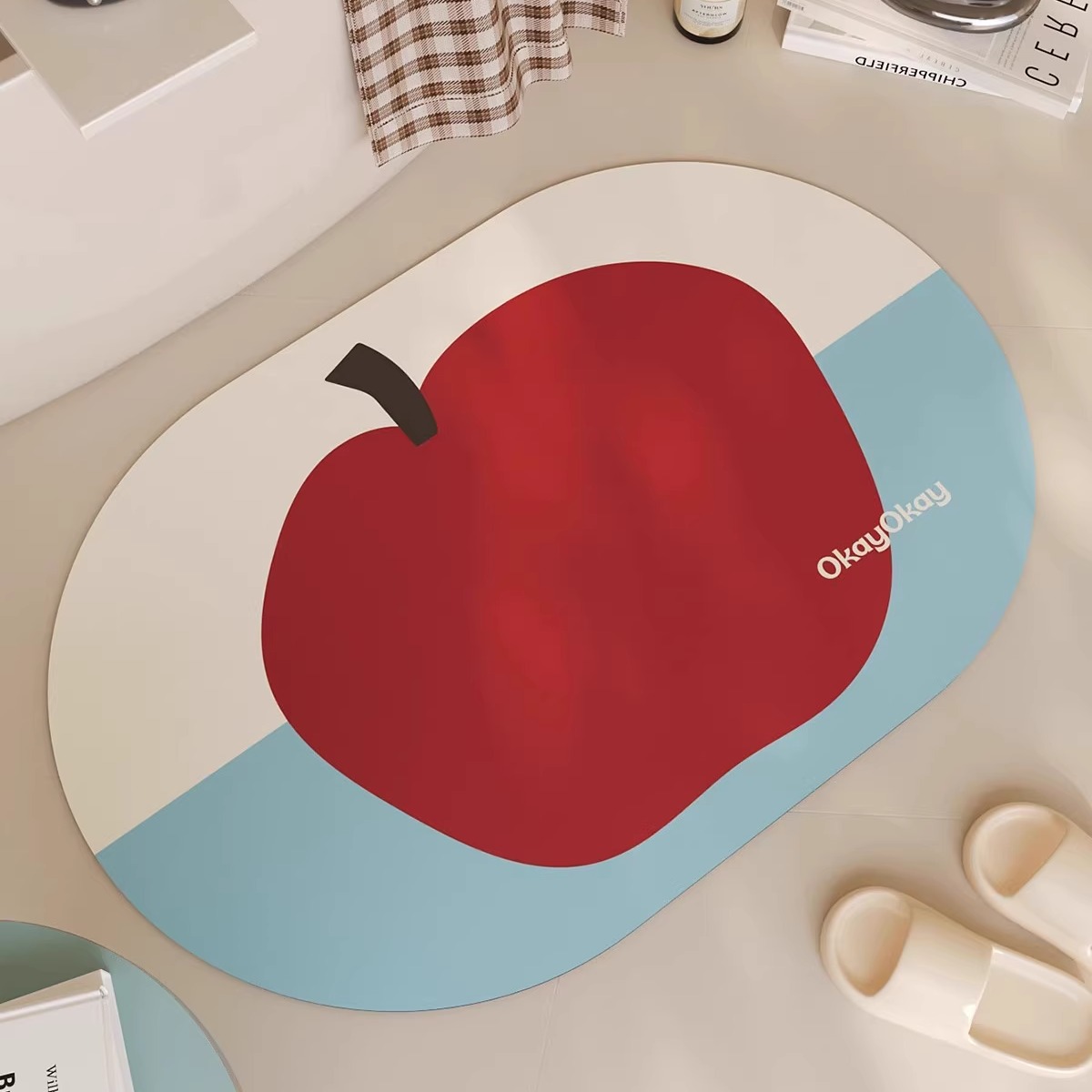 Apple-Scented Bathroom Floor Mat, Toilet Door Dopamine Water-Absorbent Quick-Drying Foot Mat, Household Diatom Mud Floor Mat, Non-Slip Mat