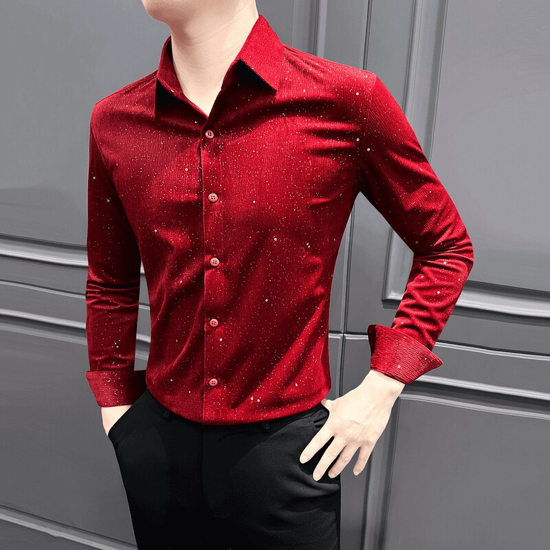 Red Shirt Men's 2025 New Popular Long-Sleeved Spring & Fall Casual Tops Sequined Accessible Luxury Handsome Men's Shirts Red Shirt Men's 2025 New Popular Long-Sleeved Spring & Fall Casual Tops Sequined Accessible Luxury Handsome Men's Shirts