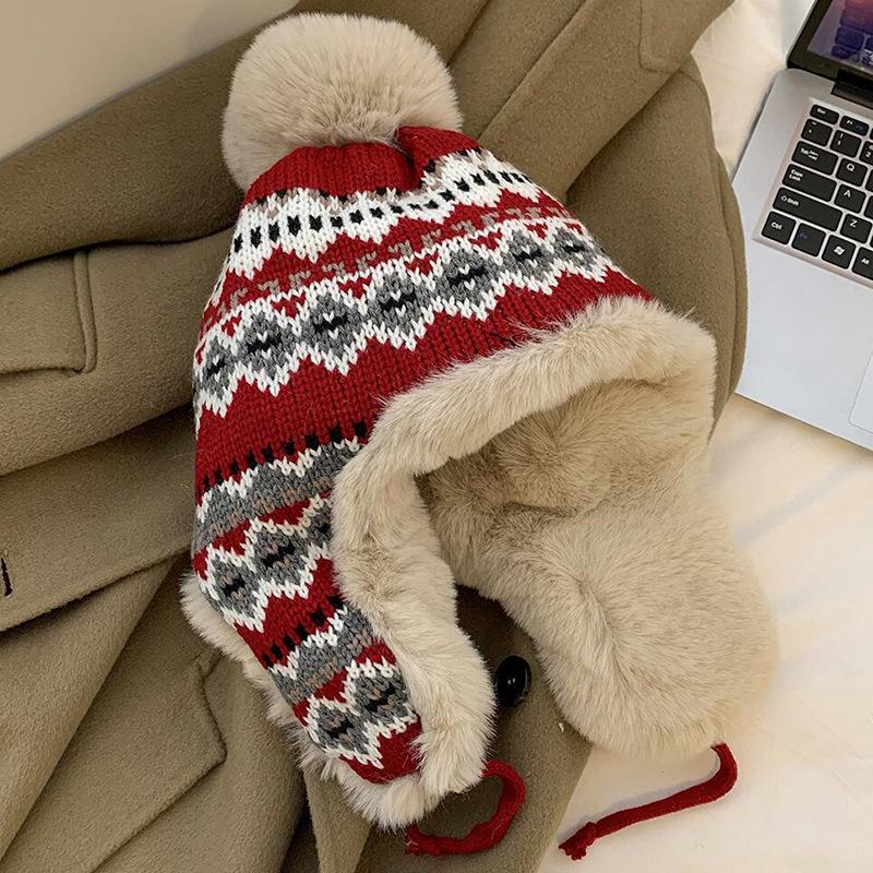 フェア島風毛糸帽子女子秋冬レトロ百合大頭囲保温ニット帽子顔小耳保護帽子