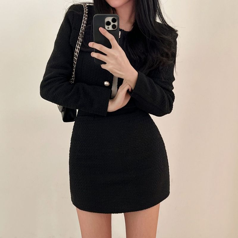 时尚纯色小香风粗花呢套装女2024短款长袖上衣高腰短裙两件套气质|undefined