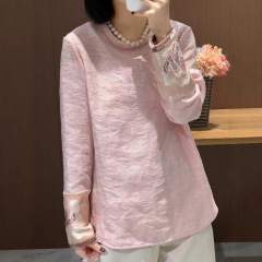 南油批发新款蝴蝶提花浮雕圆领拼袖高端大气精致上衣衬衫聚酯纤维