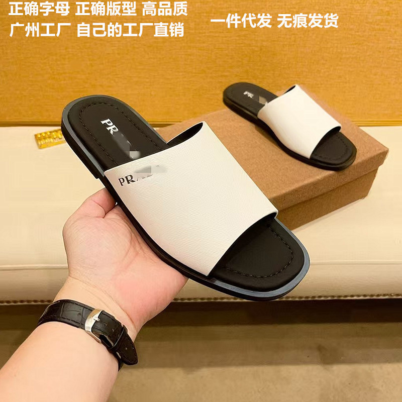 P Brand Genuine Leather Men's Slippers Slide Sandals 2025 Summer Outdoor Lightweight Non-Slip Soft Sole Triangle Logo Sandals