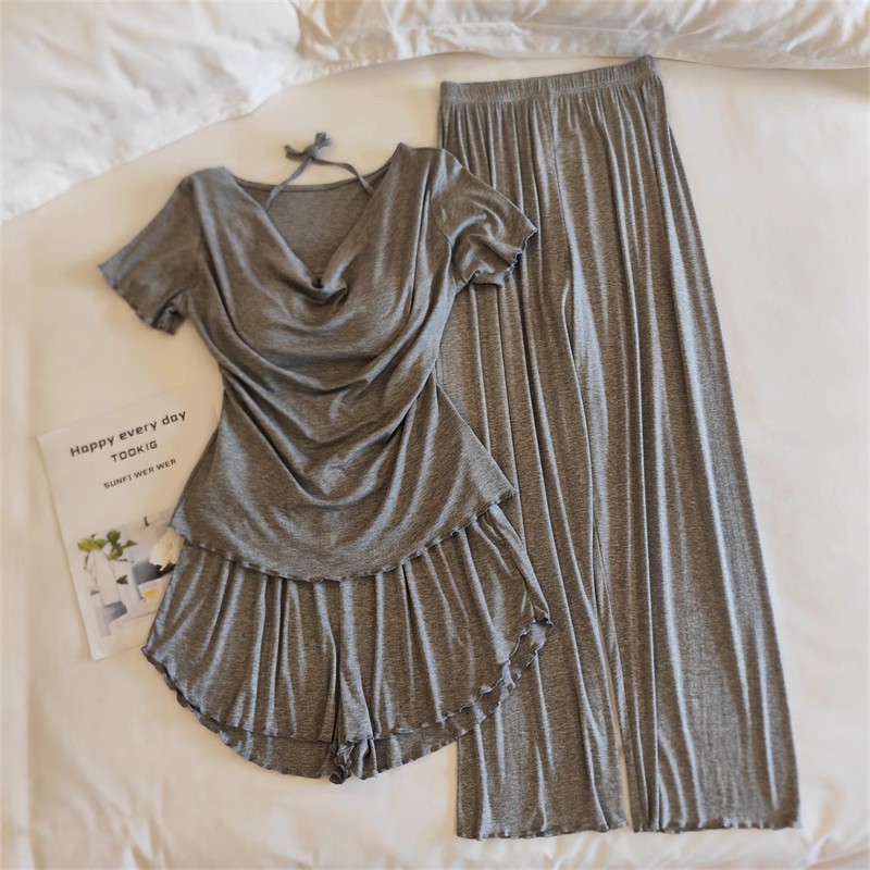 33027#밀크쿨 라이트그레이(고정가슴패드 포함) 반팔+반바지+바지