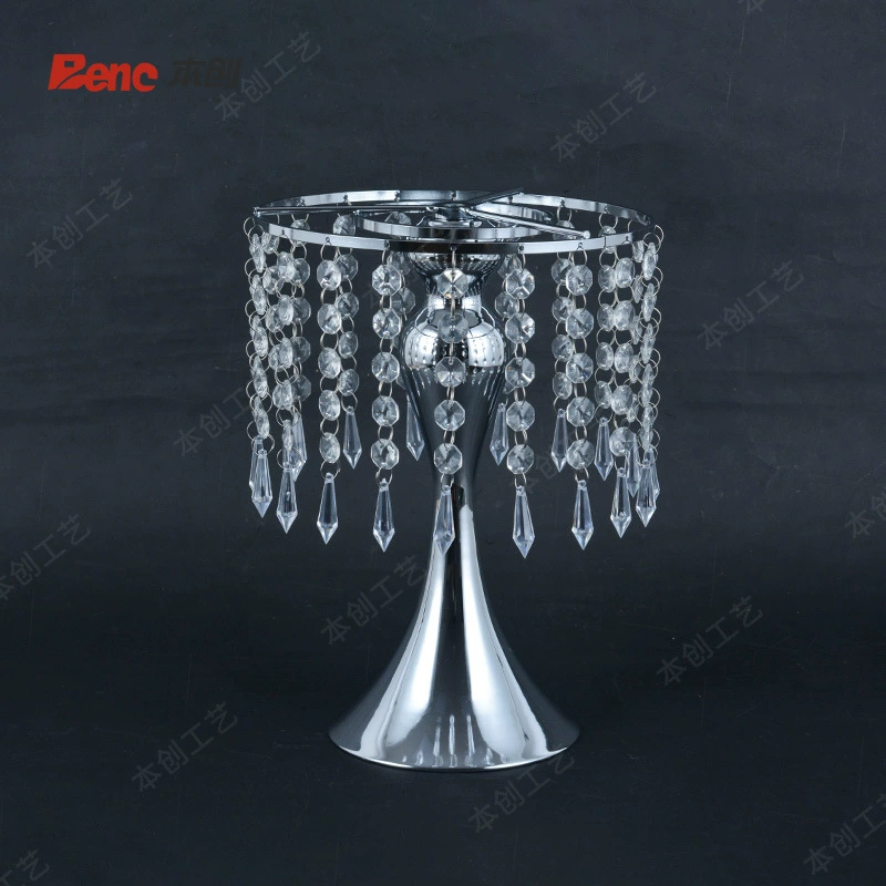 Table centerpiece stand 8360-1 — iron frame with crystal bead chains, chromine or golden, 20×H28–55 cm