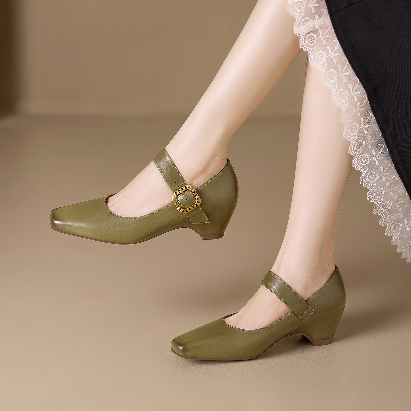 Giày Mary Jane nữ quai ngang mũi vuông gót thô 5 cm — màu tím