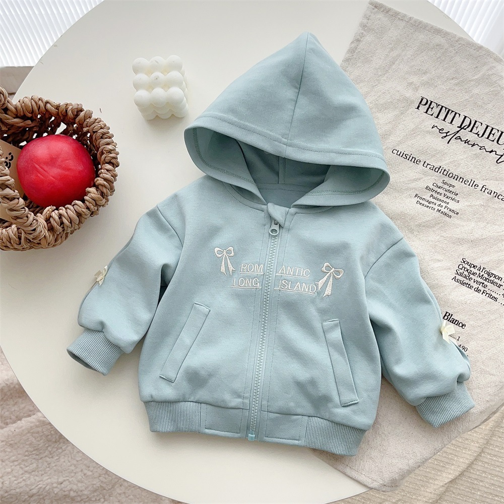 Ropa de bebé ropa de otoño bebé de dos piezas con lazo decoración cremallera chaqueta con capucha traje de pantalón traje de niña