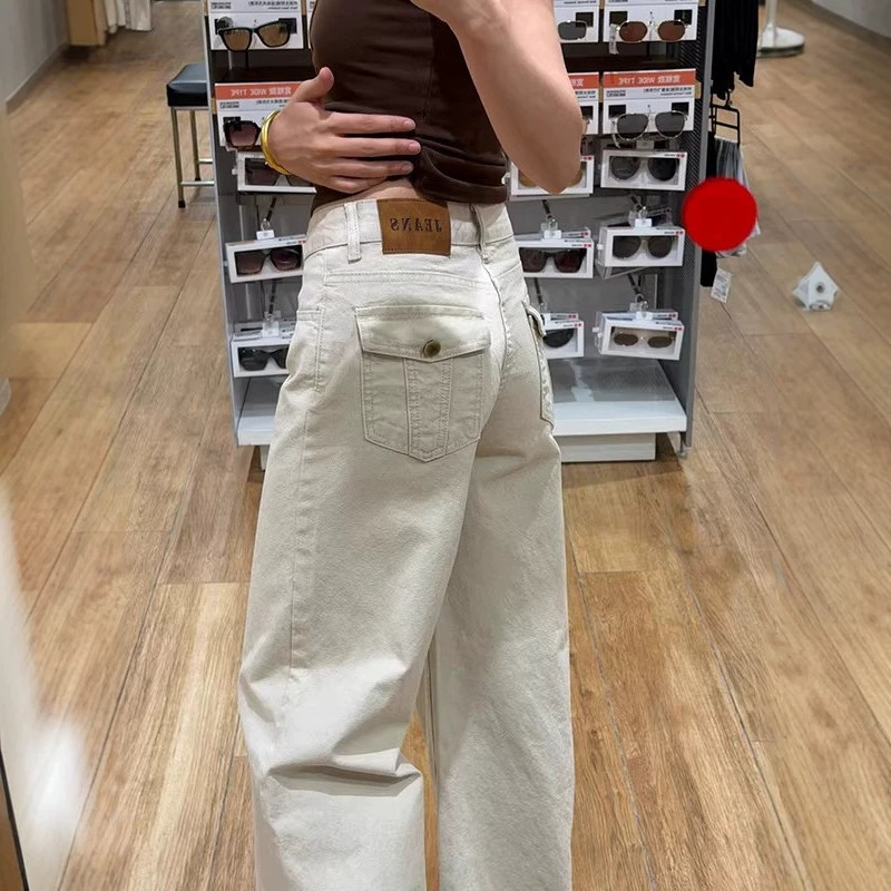 American Retro Fashion Solid Color Design Jeans for Women, Summer High Street Style, Loose Fit, Slimming, Drapey, Floor-Length Wide-Leg Pants American Retro Fashion Solid Color Design Jeans for Women, Summer High Street Style, Loose Fit, Slimming, Drapey, Floor-Length Wide-Leg Pants
