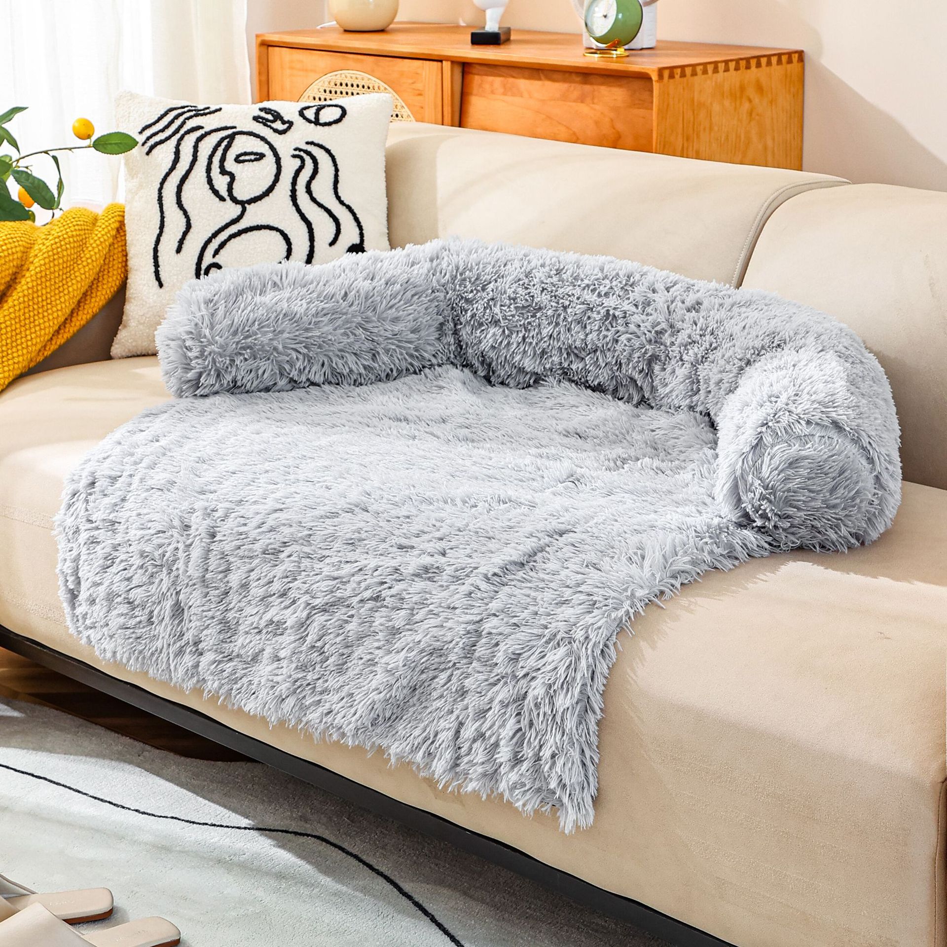 Nido para mascotas de felpa de otoño e invierno, cama para mascotas para perros extraíble y lavable, cómodo para dormir en invierno, fondo de color sólido, antideslizante