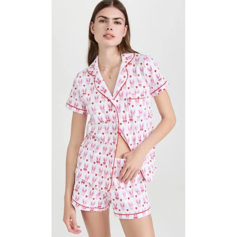 Cross-border foreign trade Amazon pajamas spring and summer new short-sleeved suit European and American style leisure printed cardigan ladies home Cross-border foreign trade Amazon pajamas spring and summer new short-sleeved suit European and American style leisure printed cardigan ladies home