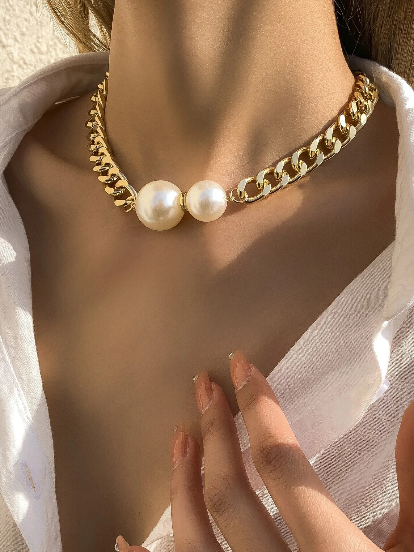 Colar Lina Girl Cross-Border com Pérolas Grandes e Corrente Cubana para Mulheres, Joia com Design Exclusivo, Presente Ideal para as Festas_voghion.com