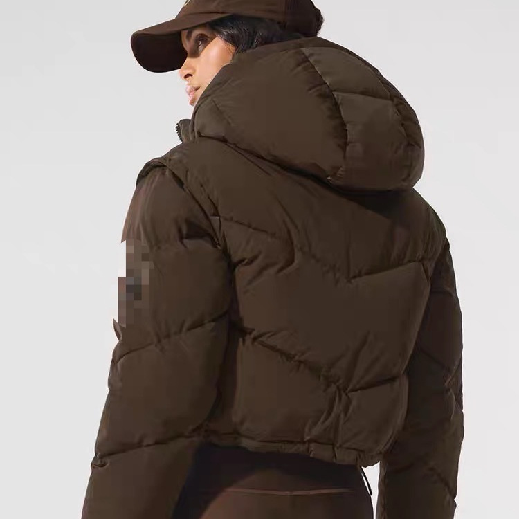 A brand's winter faux two-piece down jacket with stand-up collar and hood, short style, fashionable and versatile, high-density windproof jacket