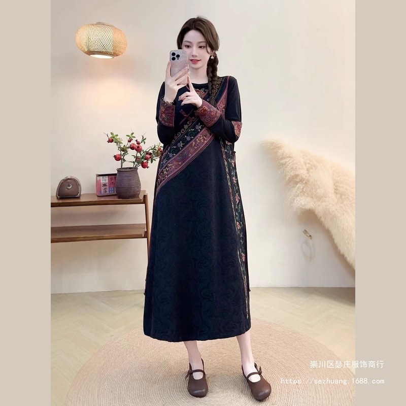 V领盘扣棉麻背心裙女秋季提花刺绣连衣裙外搭无袖长裙新款马夹裙|undefined
