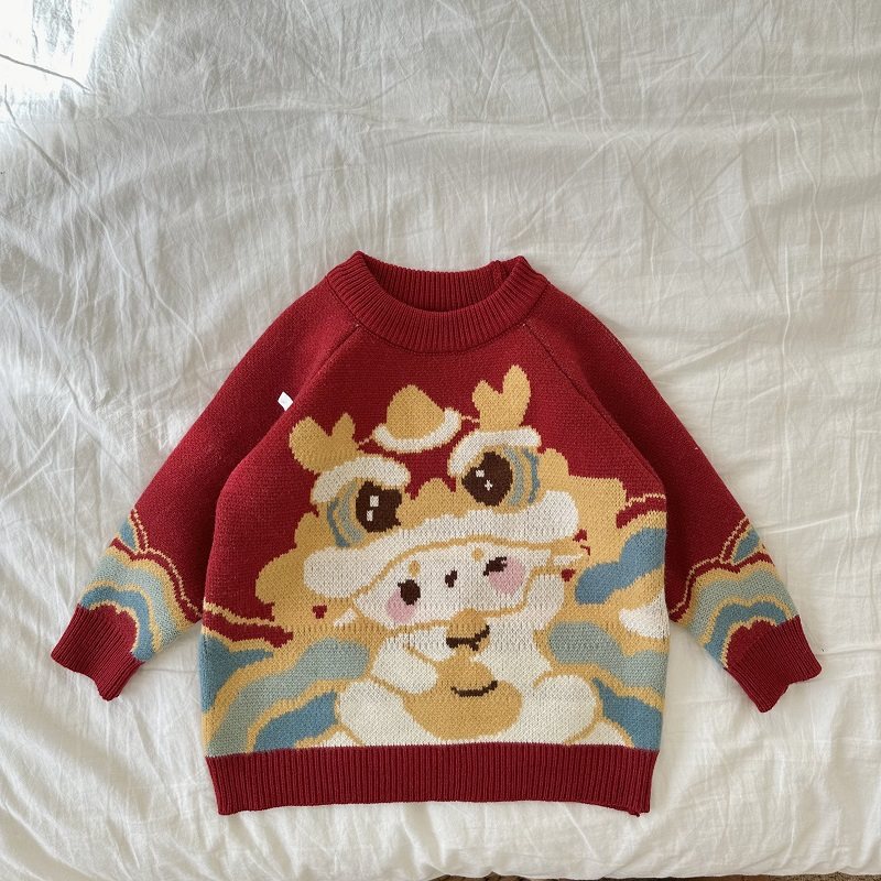 Children's cartoon knitted festive red sweater for men and women