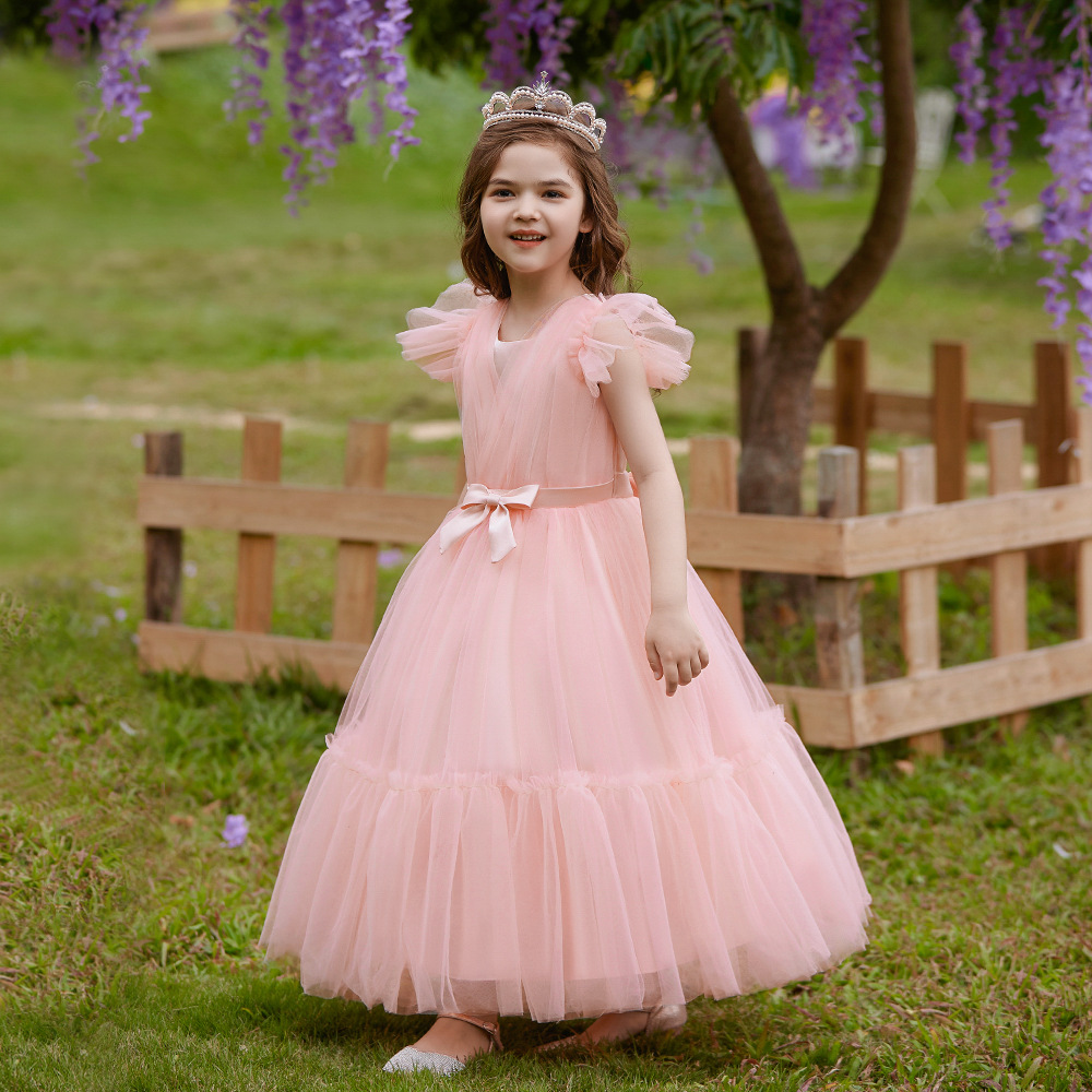 Transfronterizo nuevo medio y grande vestido de los niños vestido de princesa pequeña manga voladora malla mullido vestido traje de host en stock