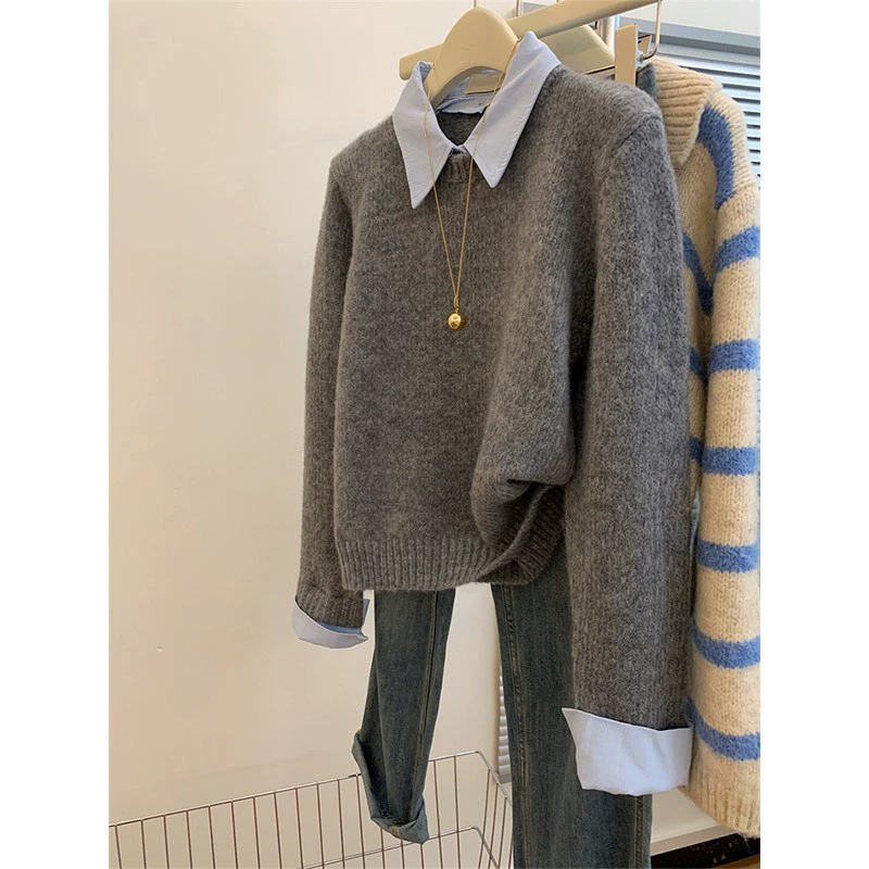 KANING серый искусственный пуловер из двух частей, трикотаж для женщин, осень 2022, новый трикотаж с воротником-поло и длинными рукавами, внутренняя одежда