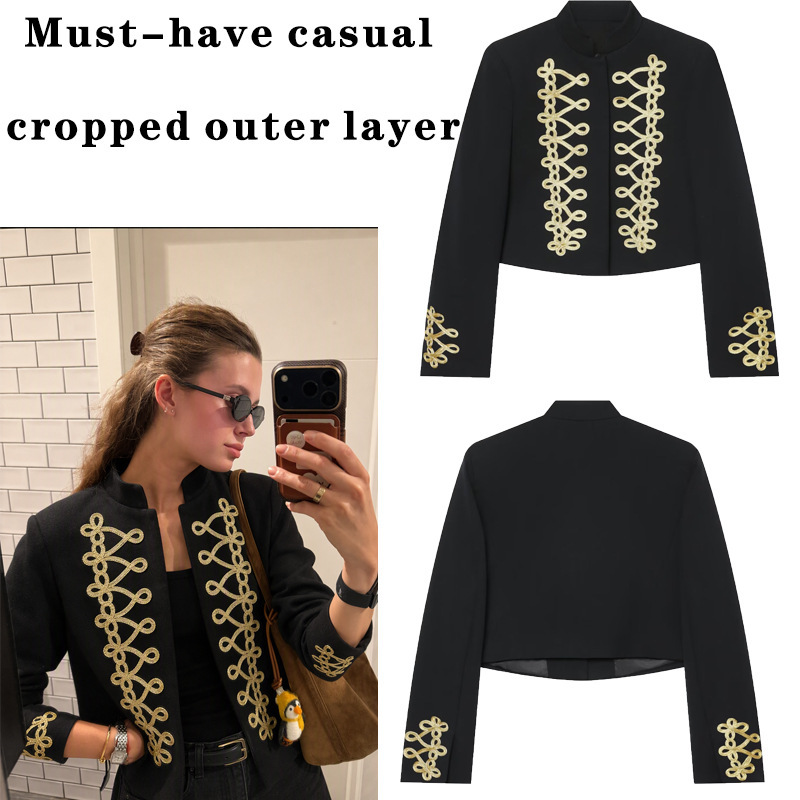 European and American court style short blazer with gold ribbon, stand-up collar, floral decoration, and black knot buttons 1255706 European and American court style short blazer with gold ribbon, stand-up collar, floral decoration, and black knot buttons 1255706