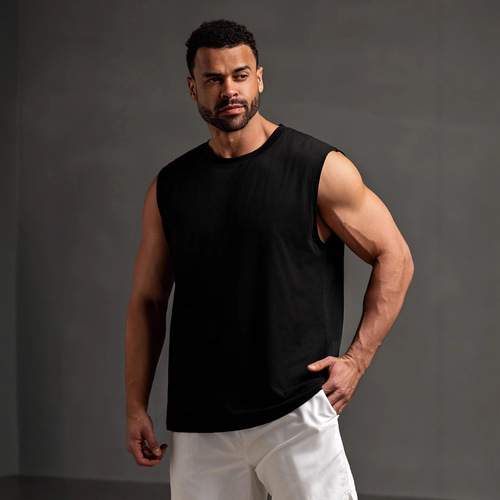 Cross-border solid color sleeveless T-shirt men, large size sports vest men, trendy men, loose base shirt and waistcoat