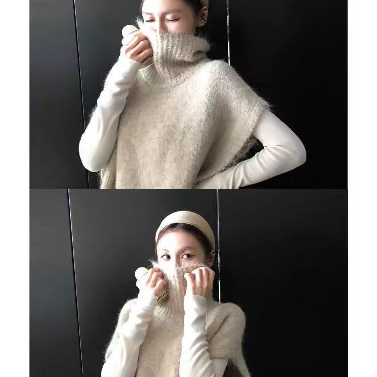 法式堆堆领针织毛线马甲女秋季新款外穿软糯慵懒风高领叠穿上衣