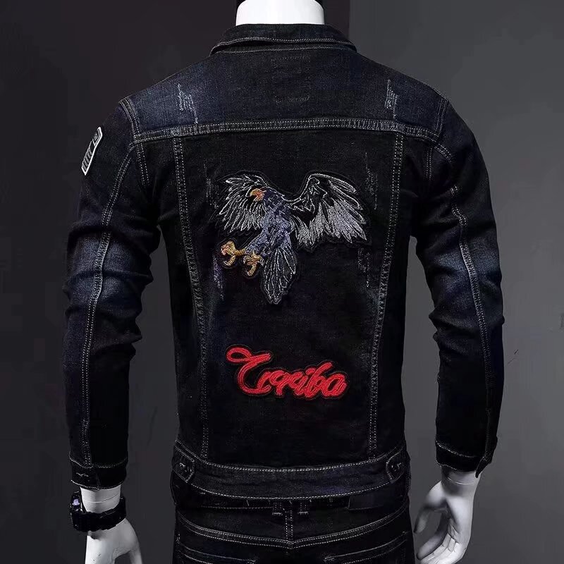 Embroidered Eagle Jacket Top Men's 2022 Spring and Autumn Ripped Jacket Denim Long Sleeve Casual Trendy Stretch Slim Fit